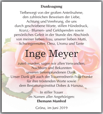 Traueranzeige von Inge Meyer von Mitteldeutsche Zeitung Bernburg