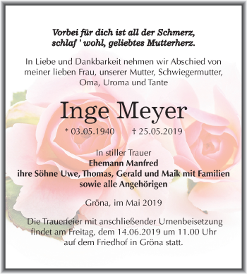 Traueranzeige von Inge Meyer von Mitteldeutsche Zeitung Bernburg