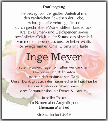 Traueranzeige von Inge Meyer von Super Sonntag Bernburg