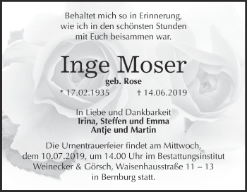 Traueranzeige von Inge Moser von Super Sonntag Bernburg
