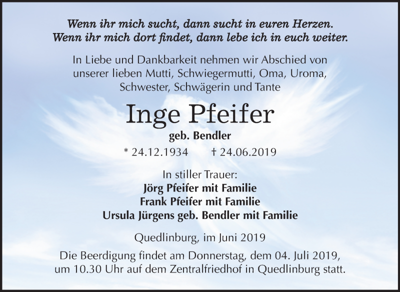  Traueranzeige für Inge Pfeifer vom 29.06.2019 aus Mitteldeutsche Zeitung Quedlinburg