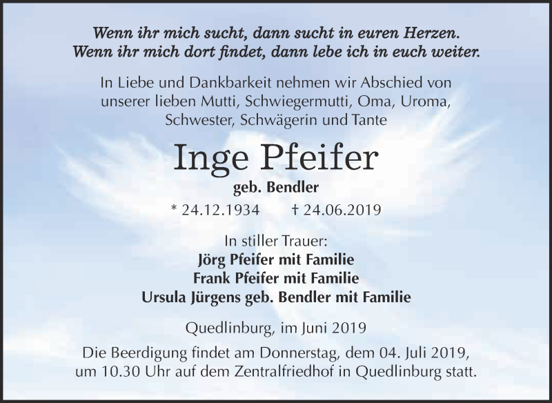  Traueranzeige für Inge Pfeifer vom 29.06.2019 aus Super Sonntag Quedlinburg