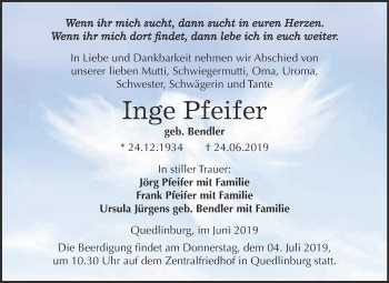 Traueranzeige von Inge Pfeifer von Super Sonntag Quedlinburg