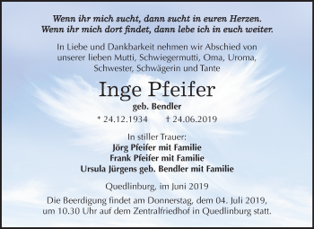 Traueranzeige von Inge Pfeifer von Mitteldeutsche Zeitung Quedlinburg