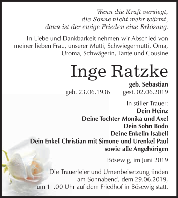 Traueranzeige von Inge Ratzke von WVG - Wochenspiegel Wittenberg