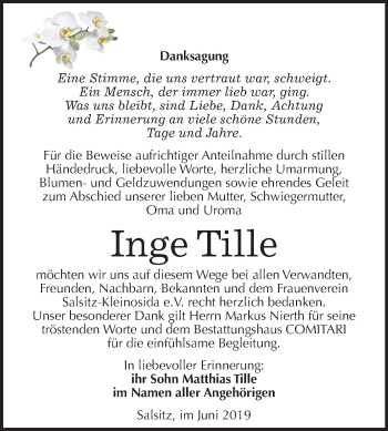 Traueranzeige von Inge Tille von Mitteldeutsche Zeitung