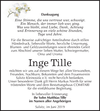 Traueranzeige von Inge Tille von WVG - Wochenspiegel NMB / WSF / ZTZ