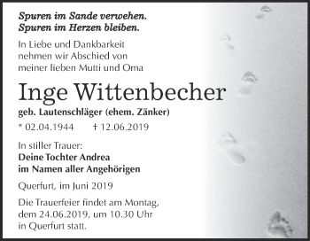 Traueranzeige von Inge Wittenbecher von WVG - Wochenspiegel Merseburg