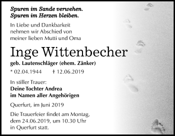 Traueranzeige von Inge Wittenbecher von Mitteldeutsche Zeitung Merseburg/Querfurt