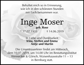 Traueranzeige von Inge Moser Moser von Mitteldeutsche Zeitung Bernburg