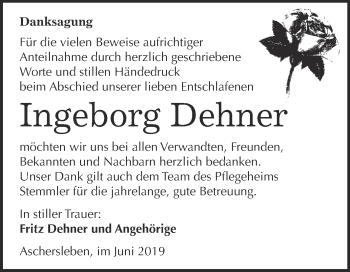 Traueranzeige von Ingeborg Dehner von Super Sonntag Aschersleben