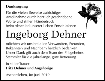 Traueranzeige von Ingeborg Dehner von Mitteldeutsche Zeitung Aschersleben