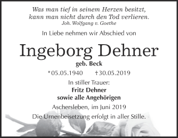 Traueranzeige von Ingeborg Dehner von Super Sonntag Aschersleben