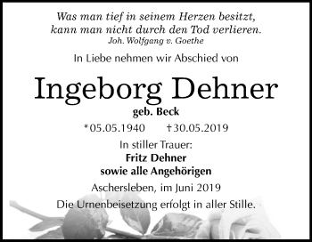 Traueranzeige von Ingeborg Dehner von Mitteldeutsche Zeitung Aschersleben