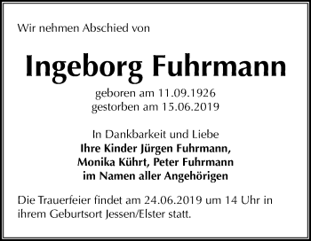 Traueranzeige von Ingeborg Fuhrmann von Mitteldeutsche Zeitung