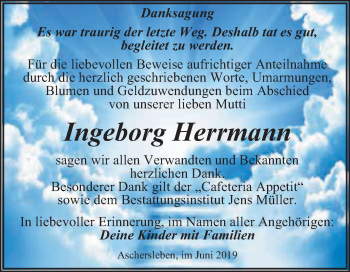 Traueranzeige von Ingeborg Herrmann von Super Sonntag Aschersleben