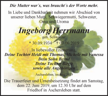 Traueranzeige von Ingeborg Herrmann von Super Sonntag Aschersleben