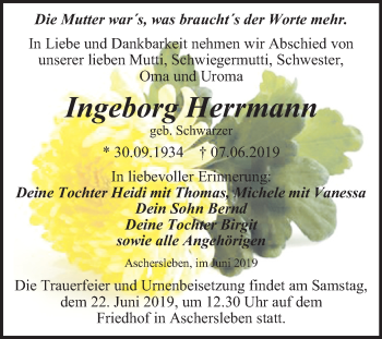 Traueranzeige von Ingeborg Herrmann von Mitteldeutsche Zeitung Aschersleben