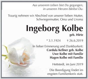 Traueranzeige von Ingeborg Kolbe von Super Sonntag SGH Mansf. Land