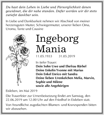 Traueranzeige von Ingeborg Mania von Mitteldeutsche Zeitung Mansfelder Land