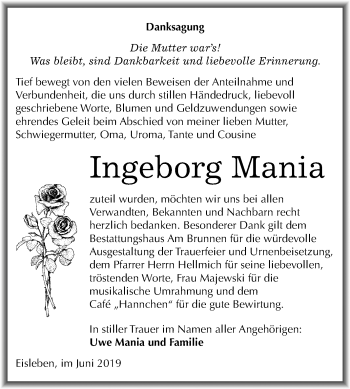 Traueranzeige von Ingeborg Mania von Mitteldeutsche Zeitung