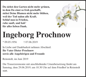 Traueranzeige von Ingeborg Prochnow von Super Sonntag Aschersleben