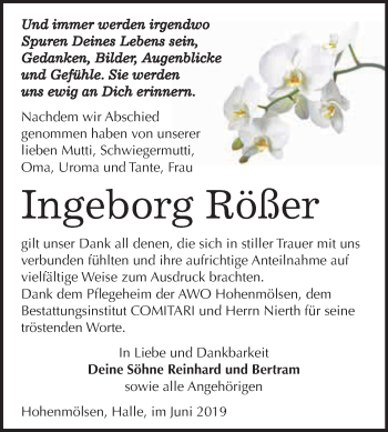 Traueranzeige von Ingeborg Rößer von WVG - Wochenspiegel NMB / WSF / ZTZ