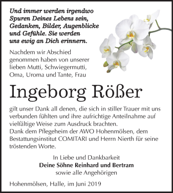 Traueranzeige von Ingeborg Rößer von Mitteldeutsche Zeitung Weißenfels