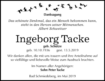 Traueranzeige von Ingeborg Tacke von WVG - Wochenspiegel Wittenberg