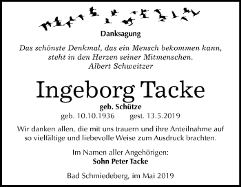 Traueranzeige von Ingeborg Tacke von Mitteldeutsche Zeitung