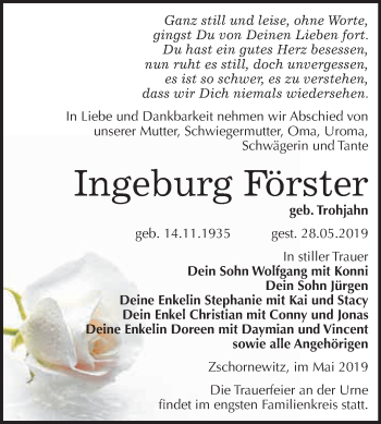 Traueranzeige von Ingeburg Förster von WVG - Wochenspiegel Wittenberg