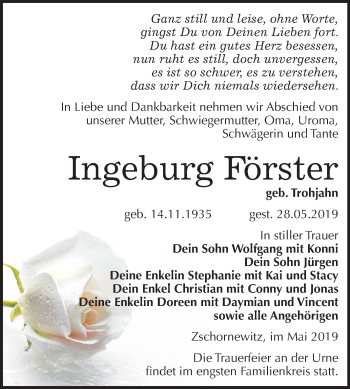 Traueranzeige von Ingeburg Förster von Mitteldeutsche Zeitung
