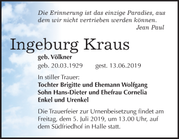 Traueranzeige von Ingeburg Kraus von Mitteldeutsche Zeitung Halle/Saalkreis