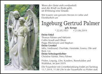 Traueranzeige von Ingeburg Gertrud Palmer von Mitteldeutsche Zeitung Zeitz
