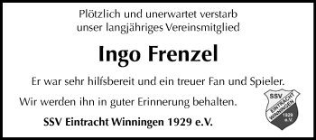 Traueranzeige von Ingo Frenzel von Mitteldeutsche Zeitung Aschersleben