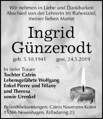 Traueranzeige von Ingrid Günzerodt von Mitteldeutsche Zeitung Halle/Saalkreis