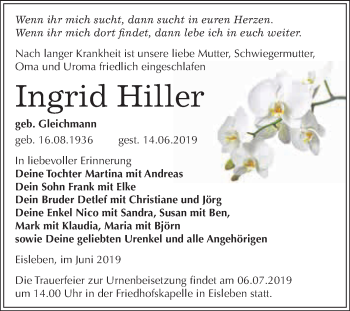 Traueranzeige von Ingrid Hiller von Super Sonntag SGH Mansf. Land