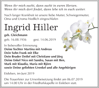 Traueranzeige von Ingrid Hiller von Mitteldeutsche Zeitung