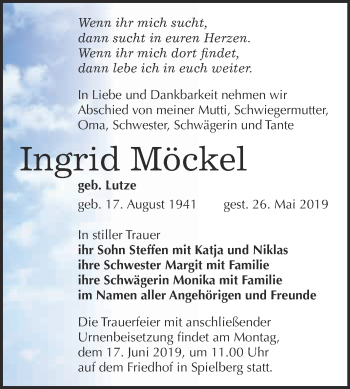 Traueranzeige von Ingrid Möckel von WVG - Wochenspiegel NMB / WSF / ZTZ