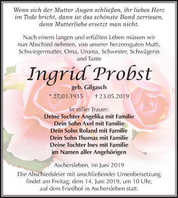 Traueranzeige von Ingrid Probst von Mitteldeutsche Zeitung Aschersleben
