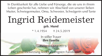 Traueranzeige von Ingrid Reidemeister von Super Sonntag SGH Mansf. Land