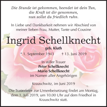 Traueranzeige von Ingrid Schellknecht von Mitteldeutsche Zeitung Weißenfels