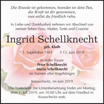 Traueranzeige von Ingrid Schellknecht von WVG - Wochenspiegel NMB / WSF / ZTZ
