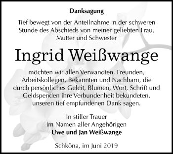 Traueranzeige von Ingrid Weißwange von Mitteldeutsche Zeitung