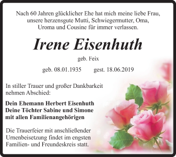 Traueranzeige von Irene Eisenhuth von Mitteldeutsche Zeitung Quedlinburg