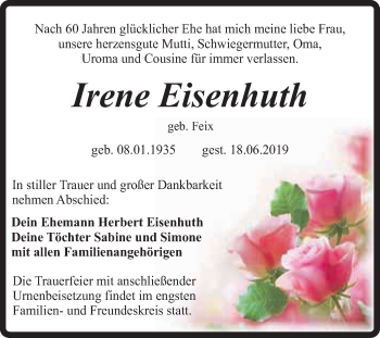 Traueranzeige von Irene Eisenhuth von Super Sonntag Quedlinburg