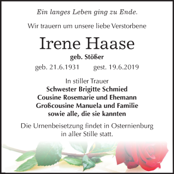 Traueranzeige von Irene Haase von Mitteldeutsche Zeitung Köthen