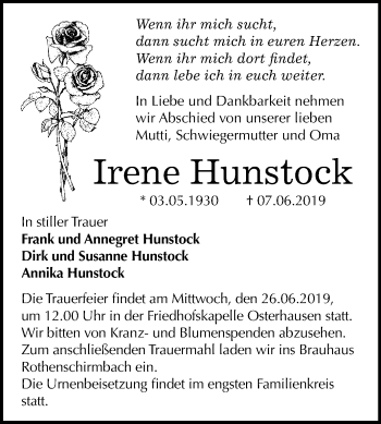 Traueranzeige von Irene Hunstock von Super Sonntag SGH Mansf. Land