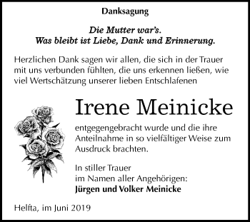 Traueranzeige von Irene Meinicke von Mitteldeutsche Zeitung Sangerhausen