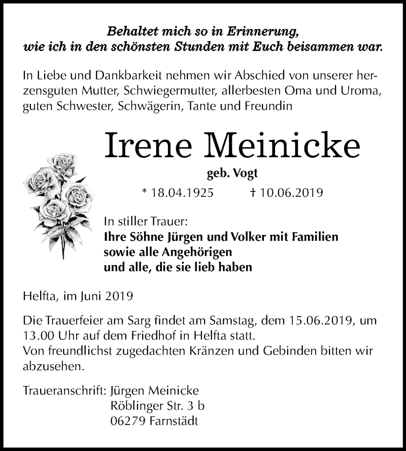  Traueranzeige für Irene Meinicke vom 13.06.2019 aus Mitteldeutsche Zeitung